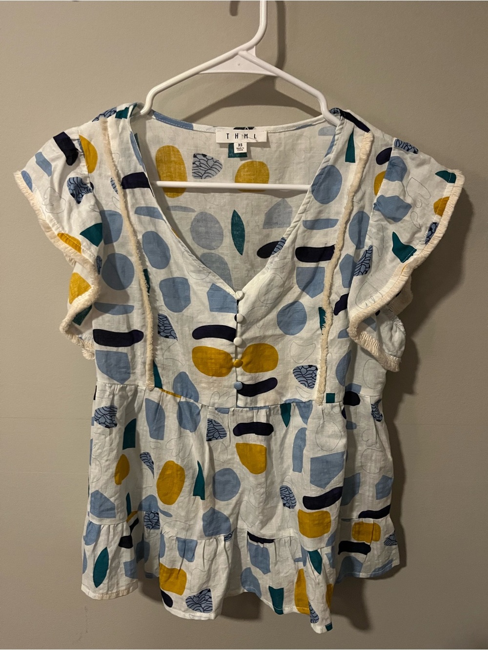 THML Girls' White Abstract Print top - Blue & Yellow